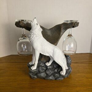 Rustic Howling Wolf Wine Bottle Holder with 2 Wine Glasses